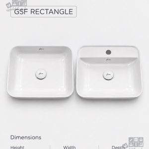 کاسه روشویی روصفحه ای مستطیل GSF بدون شیر سفید براق